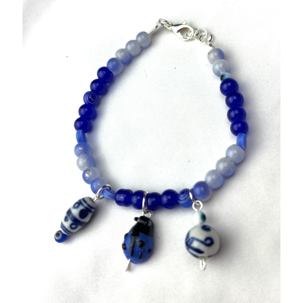Handmade Beaded Bracelet Ladybug Charm Blue White Glass Forestcore Cottagecore
